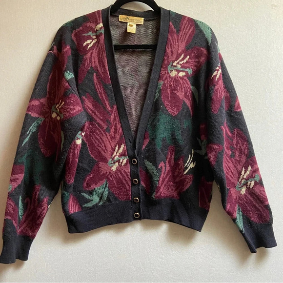 Vintage Jones New York Lambswool button floral sweater cardigan Sz M - Picture 1 of 9